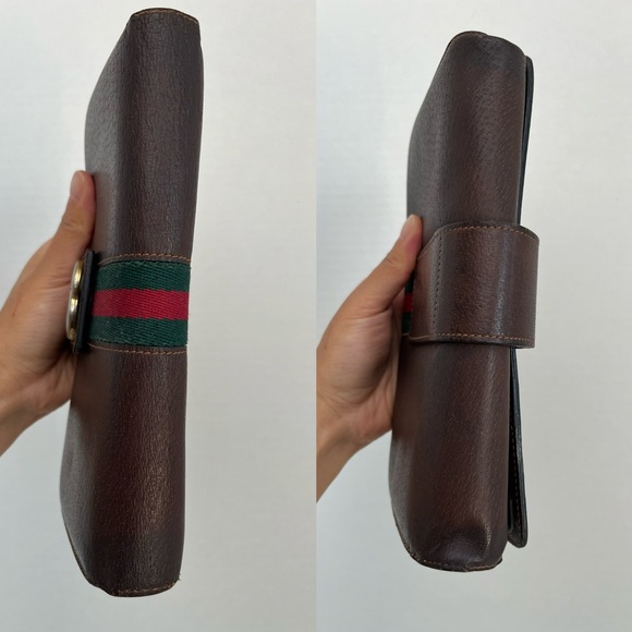 70s’ Vintage GUCCI GG Sylvie Web Sherry Line Brown Leather Clutch Bag - Picture 6 of 15